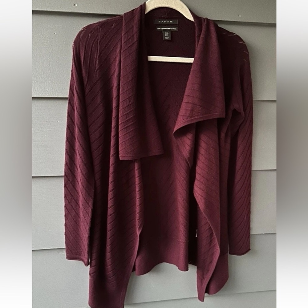 Tahari Wine Open Front Sweater Cardigan Sz S Extrafine Merino Wool
